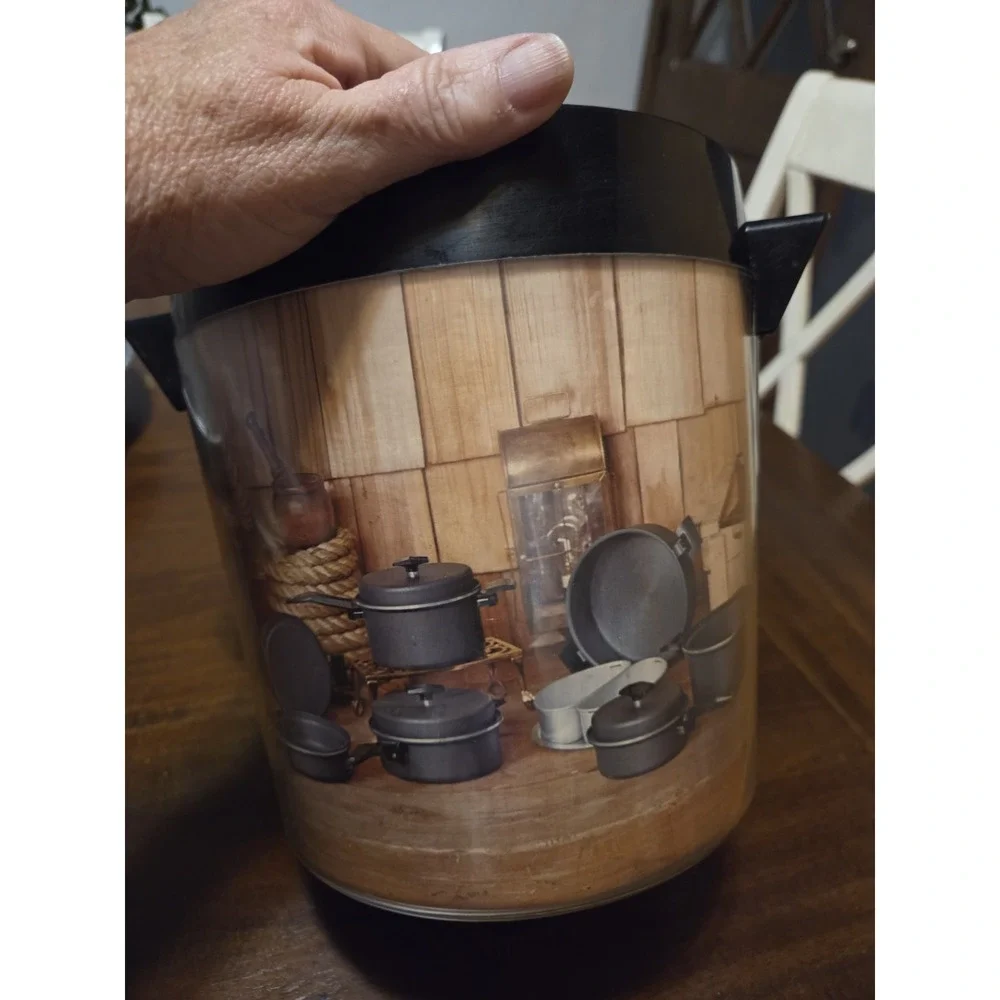 vintage West Bend Thermo-Serv ice bucket features a rustic sportsman design, Bar